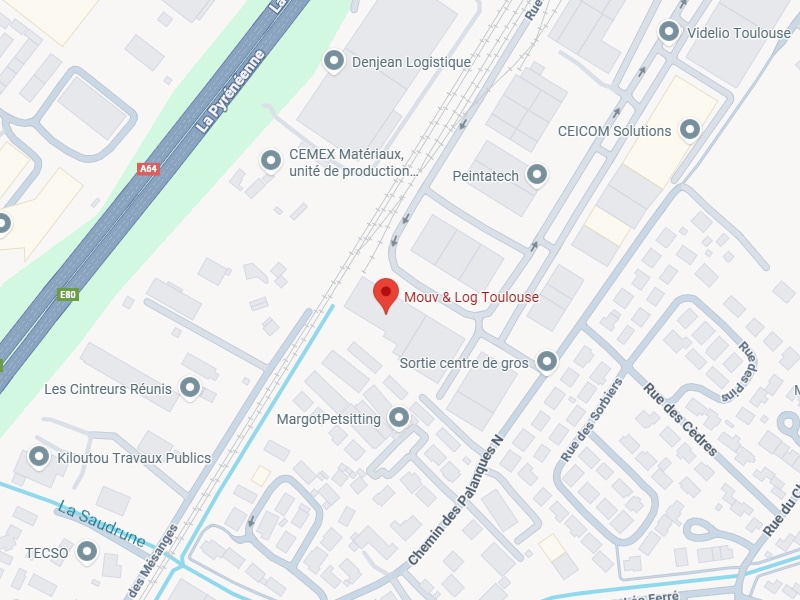 Carte de Toulouse montrant Mouv & Log Toulouse, épinglé près des autoroutes A64/E80 La Pyrénéenne, avec CEMEX et Peintatech à proximité.