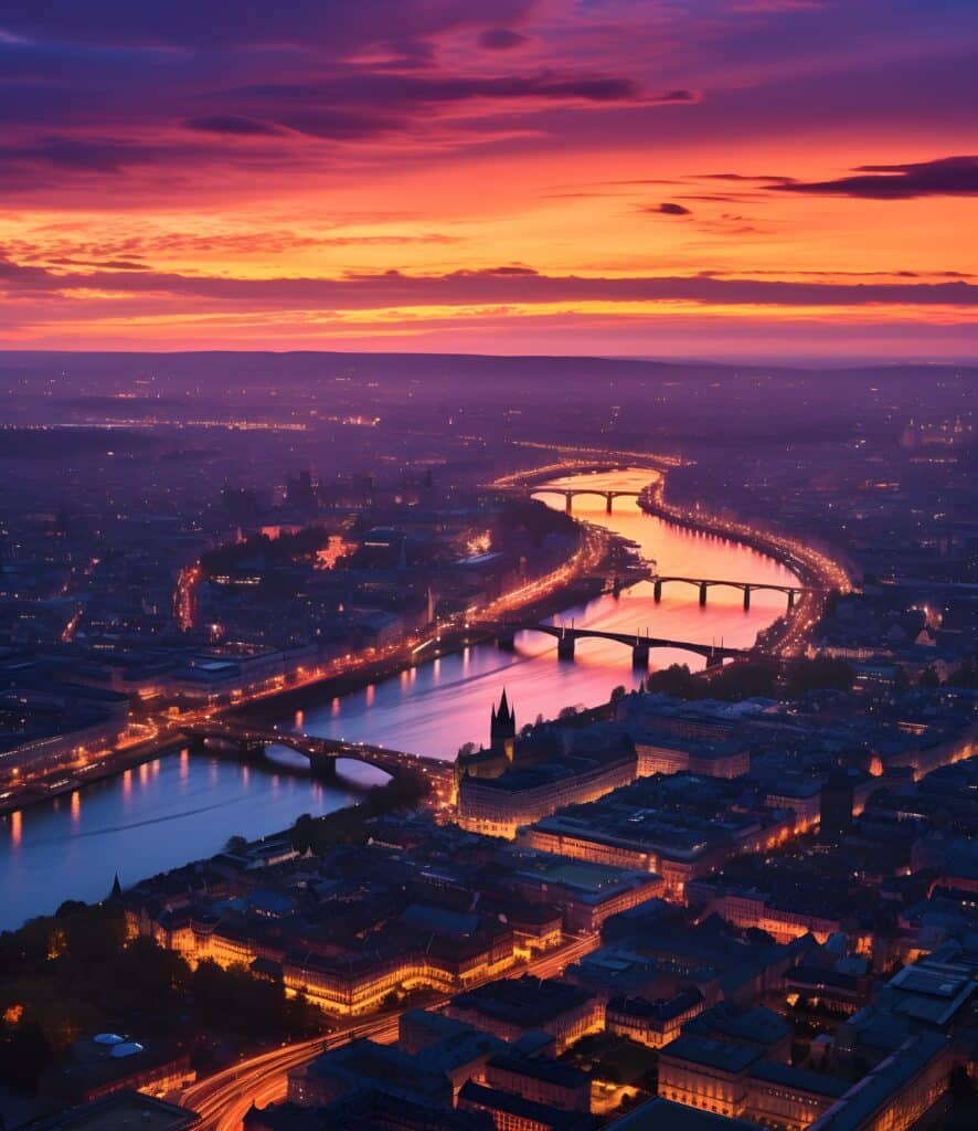 Coucher de soleil spectaculaire sur ville et fleuve illuminé Ville au crépuscule: fleuve sinueux reflétant le coucher de soleil orange-violet. Ponts illuminés et lumières urbaines scintillant dans la nuit.