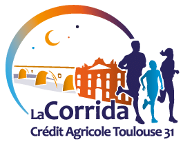 Logo La Corrida Crédit Agricole Toulouse 31: coureurs nocturnes devant Pont Neuf et Capitole illuminés sous la lune et les étoiles.