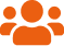 Icône orange pixelisée de trois personnes stylisées, symbolisant un groupe, une équipe ou une communauté d'utilisateurs.
