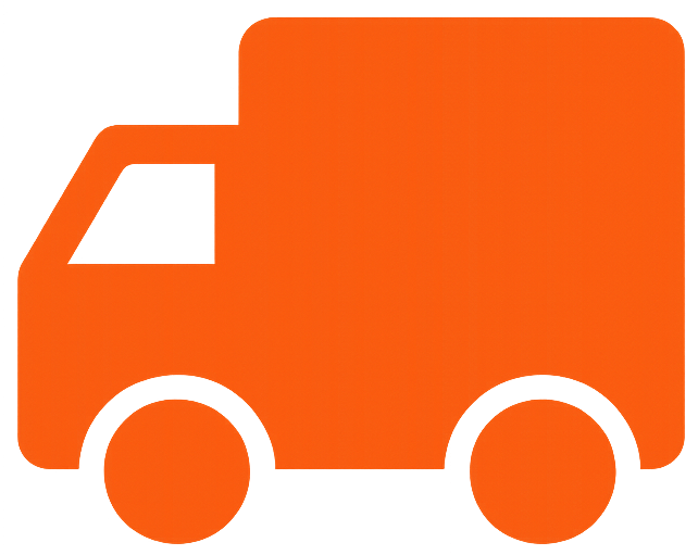 Camion de livraison orange stylisé. Icône simple de transport, logistique, ou service de colis. Vue latérale.