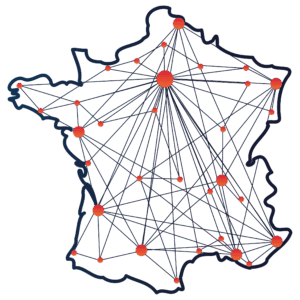Carte stylisée de la France, réseau de points rouges et orange interconnectés par des lignes sombres, symbolisant la connectivité.