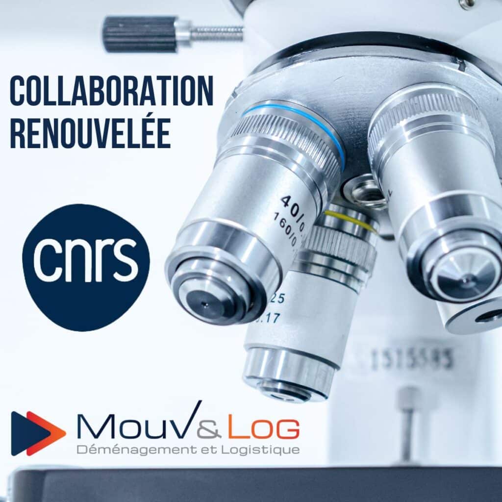 Collaboration CNRS et Mouv&Log : Déménagement Logistique Collaboration renouvelée entre le CNRS et Mouv&Log Déménagement et Logistique sur fond d'objectifs de microscope.